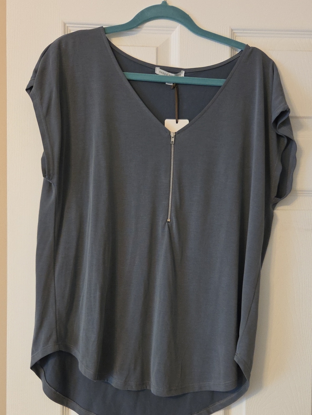 Green Envelope Slate Grren V-Neck Short Sleeve Top with Zip Detail